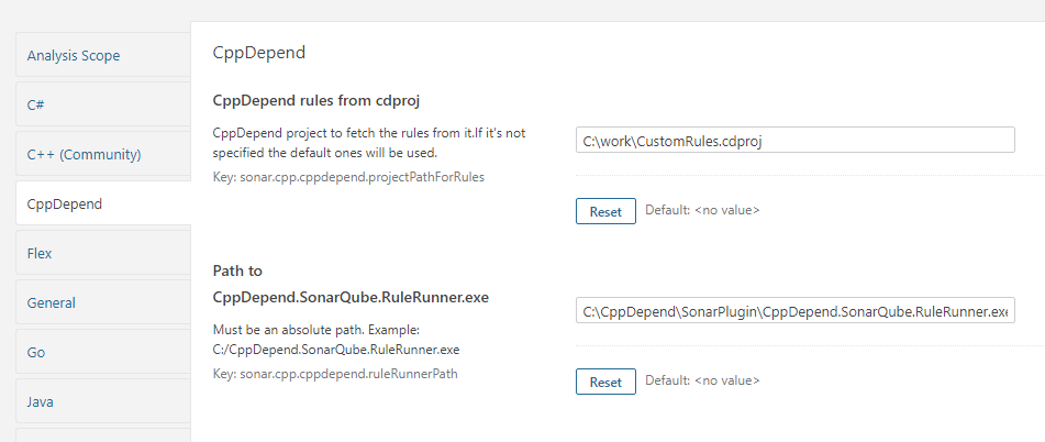 CppDepend plugin SonarQube UI settings