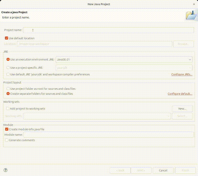 Java project creation dialog