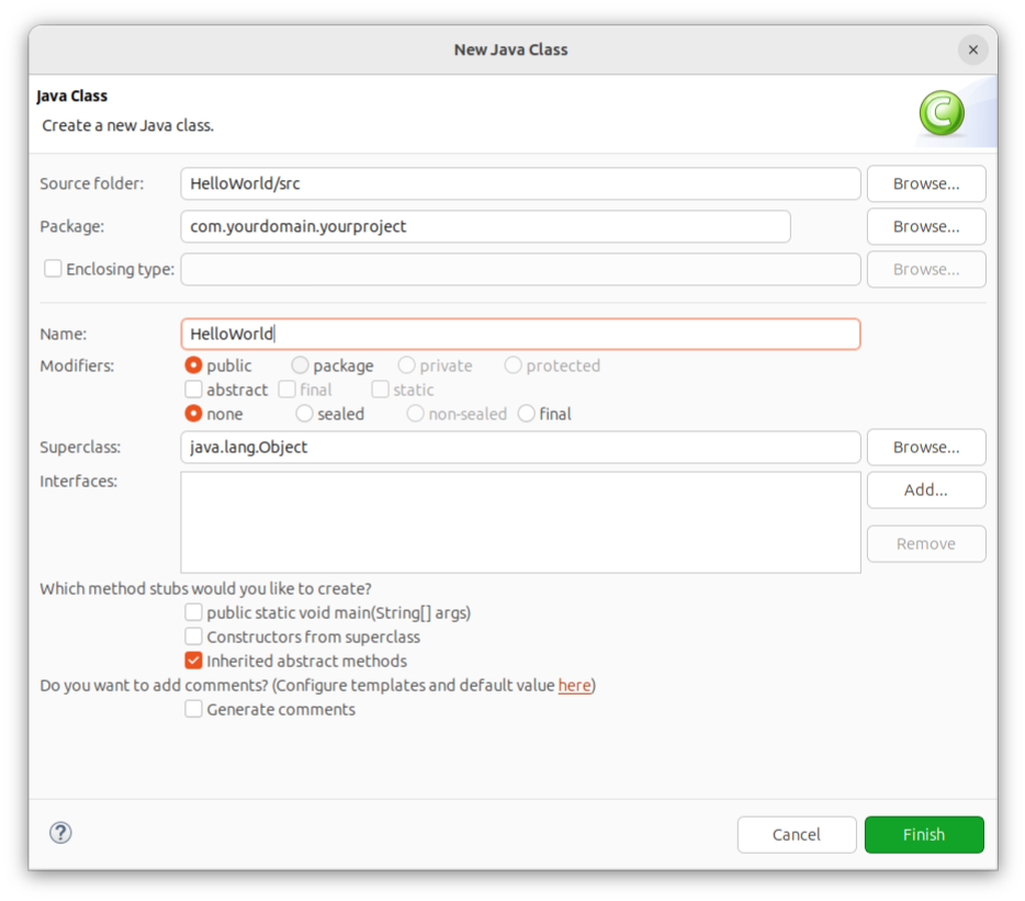 Java class creation dialog