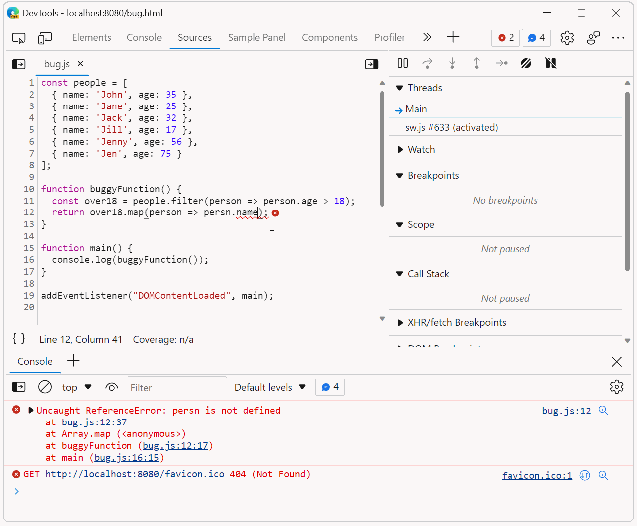 Animation showing that it is possible to write code in the Sources panel, while debugging, to test fixes.