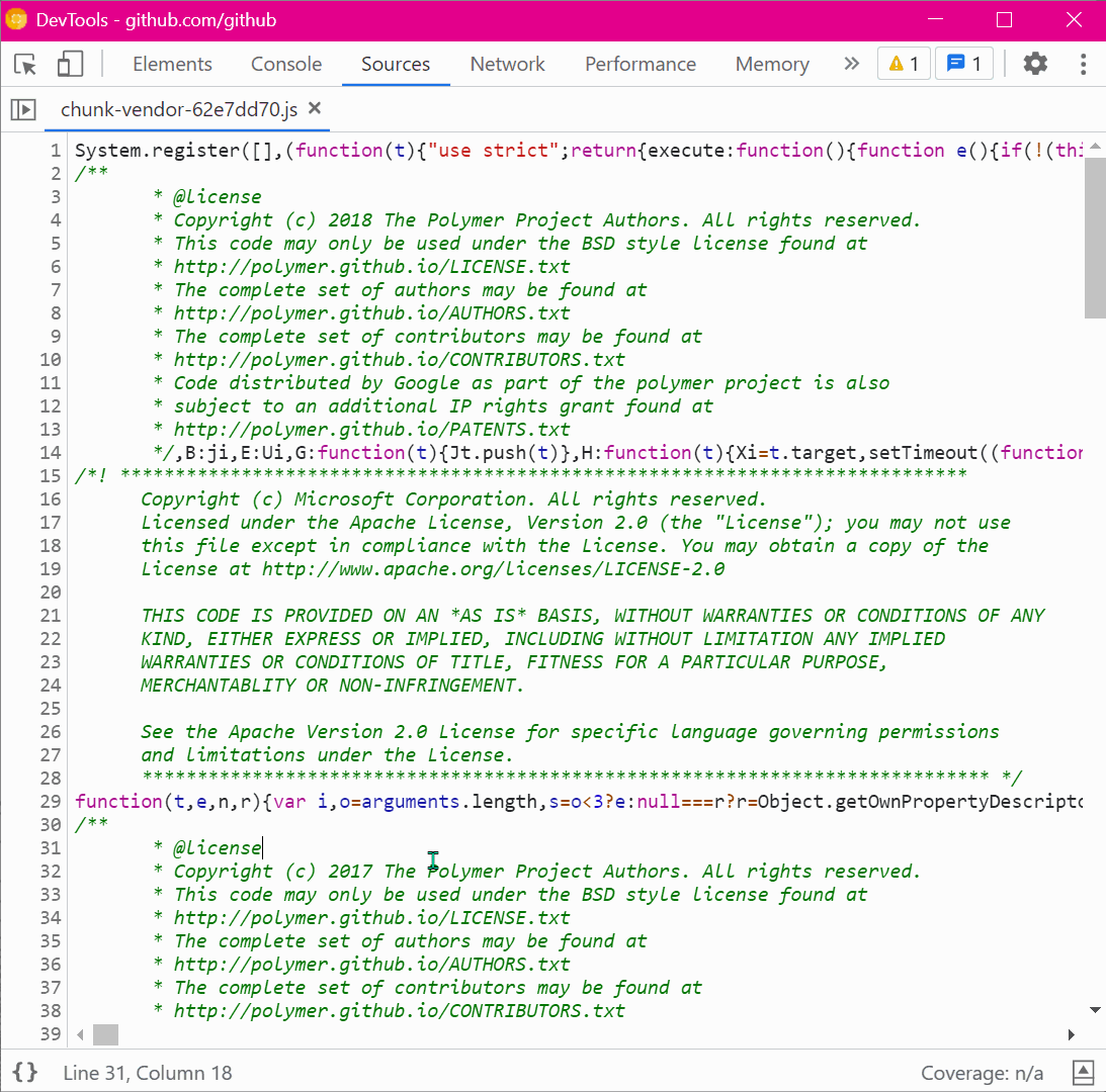 The Sources panel in Chrome, showing the pretty-print button.