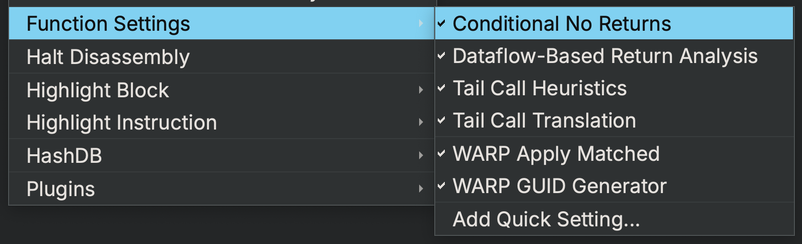 Function Settings Context Menu