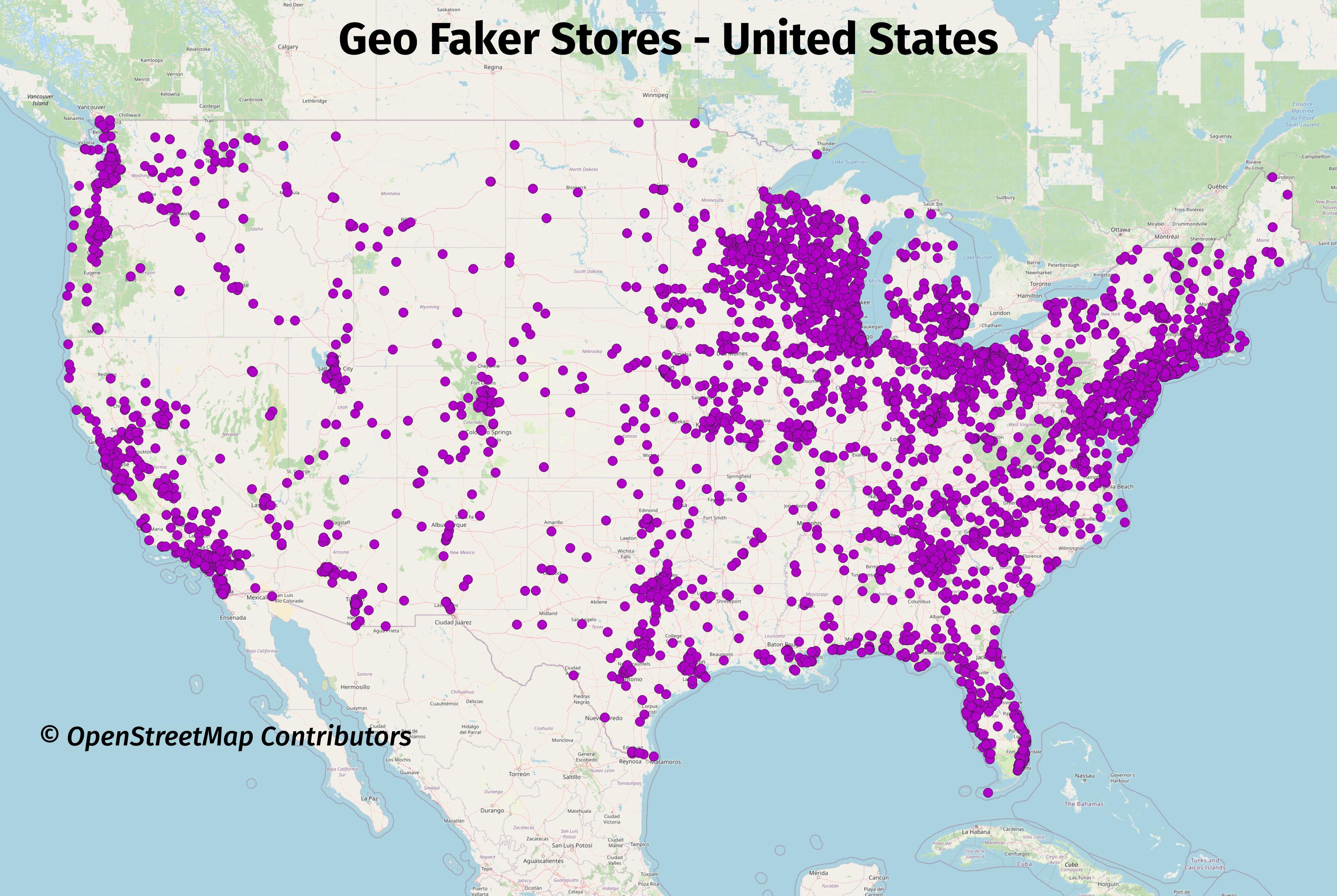 Map of United States (lower 48) with the title "Geo Faker Stores - United States". Purple dots representing fake stores are indicated across the entire country. Copyright OpenStreetMap Contributors