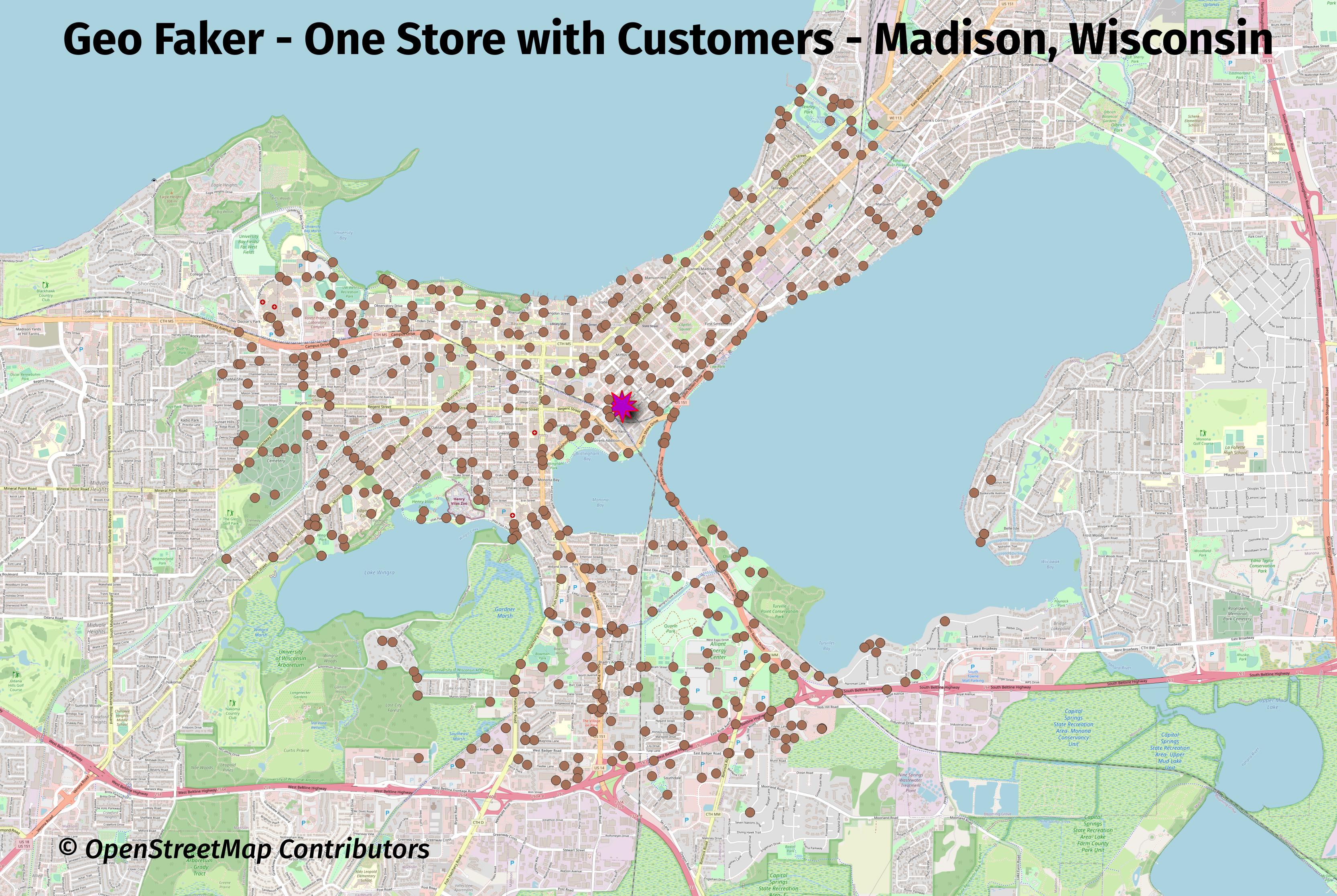 Map of Wisconsin in the U.S. with the title "Geo Faker - One Store with Customers - Madison, Wisconsin". One purple dots representing a single fake store surrounded by brown dots representing fake customers. Fake customers are placed within roughly 5 kilometers of their associated store. Copyright OpenStreetMap Contributors