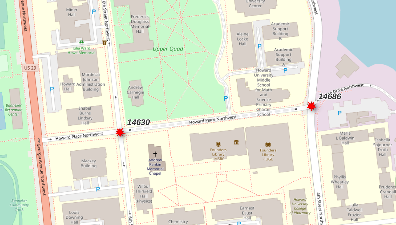 Screenshot from QGIS showing two labeled points, 14630 and 14686. The road between the two points is shown with a light gray dash indicating the access tag indicates non-public travel.