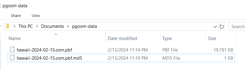 Screenshot showing the Documents > pgosm-data folder on Windows with the PBF and .md5 files from Hawaii