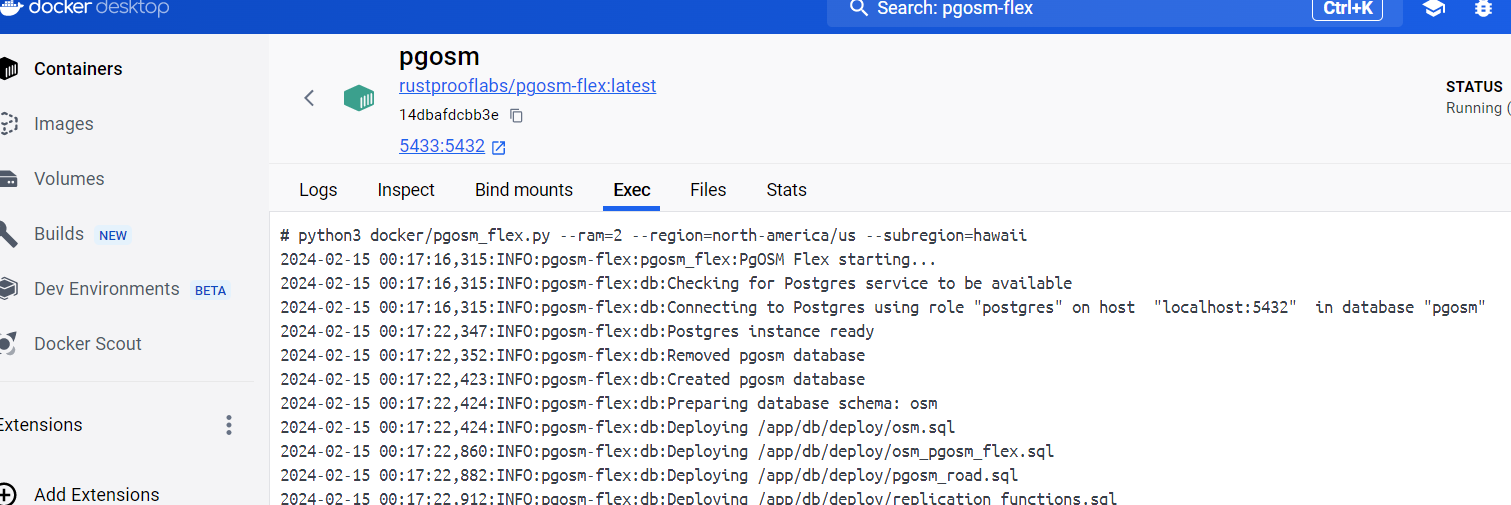 Screenshot showing the "exec" tab in the running Docker container.