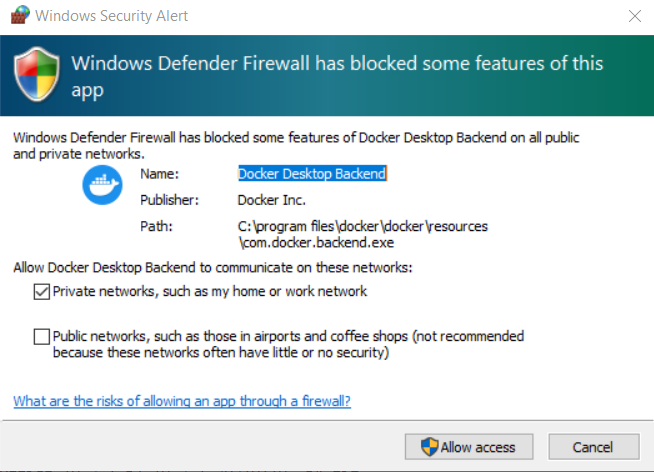 Screenshot showing the Windows Defender dialog asking about opening ports in the Firewall, which requires Admin permissions. Most users will click cancel.