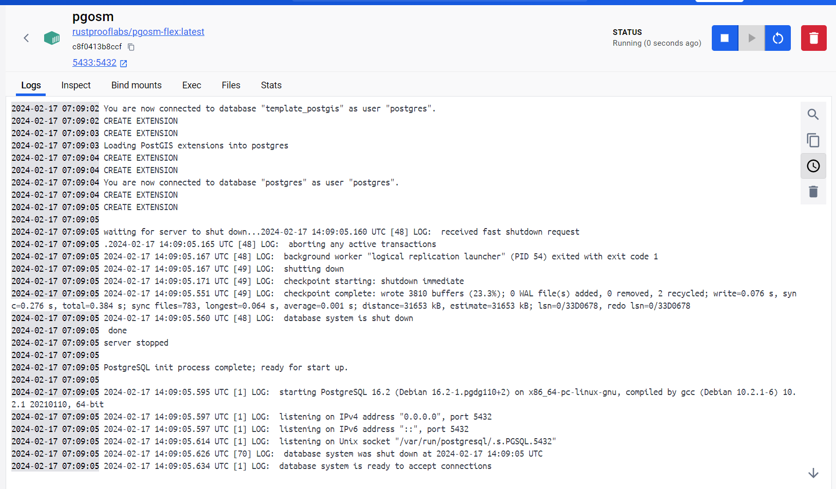 Screenshot showing the log output automatically displayed when running the PgOSM Flex Docker container.