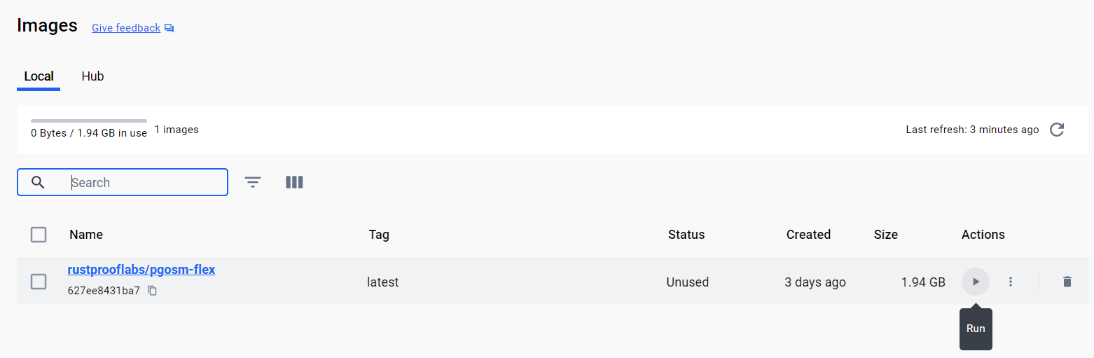 Screenshot showing the Run button from the page listing downloaded images.