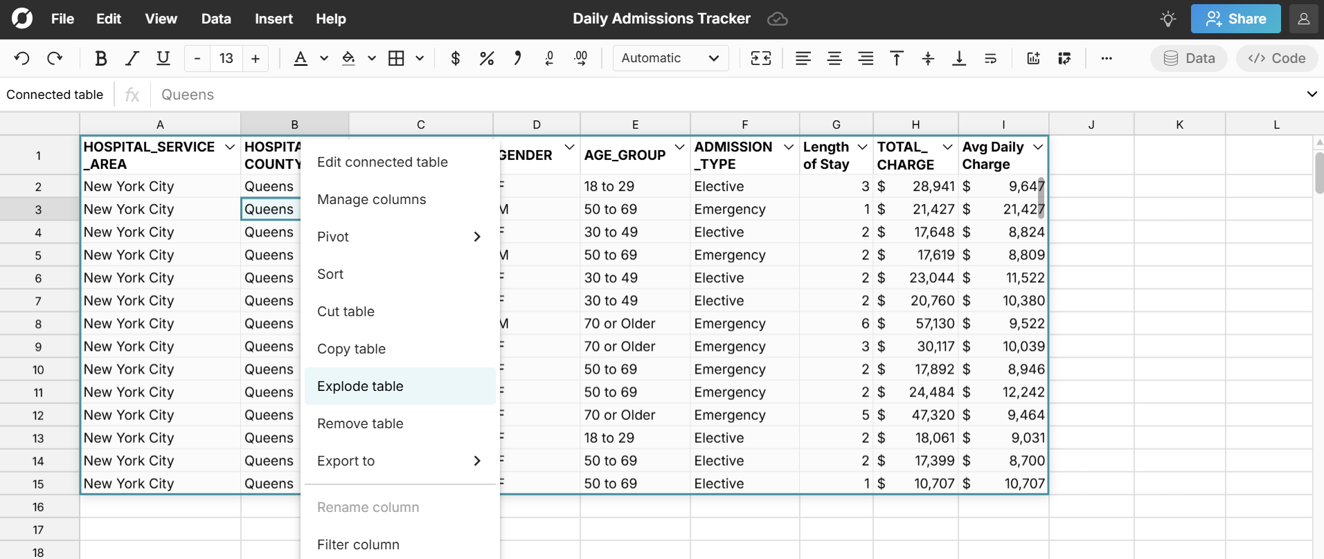 Explode data table