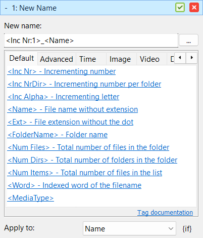 Screenshot showing how to add a sequential number to file names in Advanced Renamer