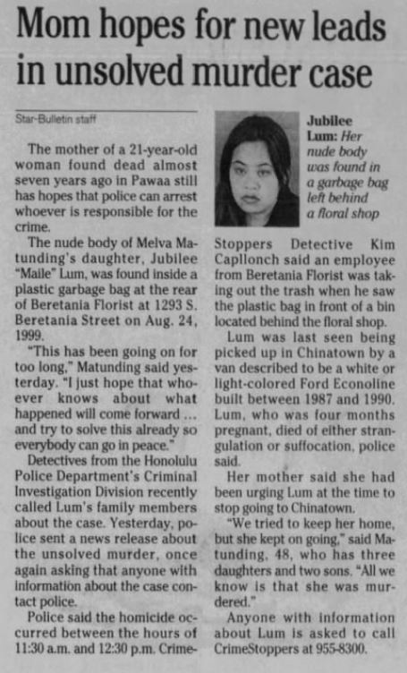 news article regarding the homicide of 21-year-old Jubilee Lum