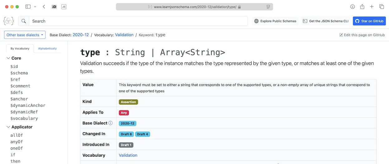 Screenshot of the Learn JSON Schema website